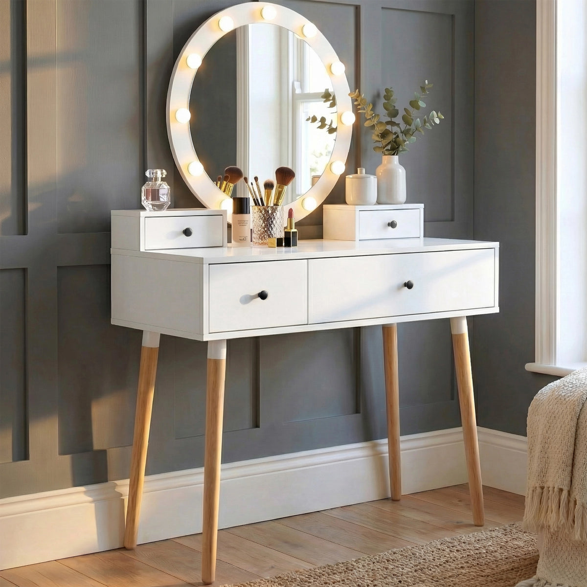 Dressing Table Drawers Hollywood Mirror Makeup Vanity Desk