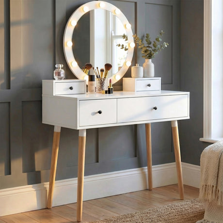 [White] Dressing table LED Hollywood mirror close-up showing brightness adjustment and light settings detail