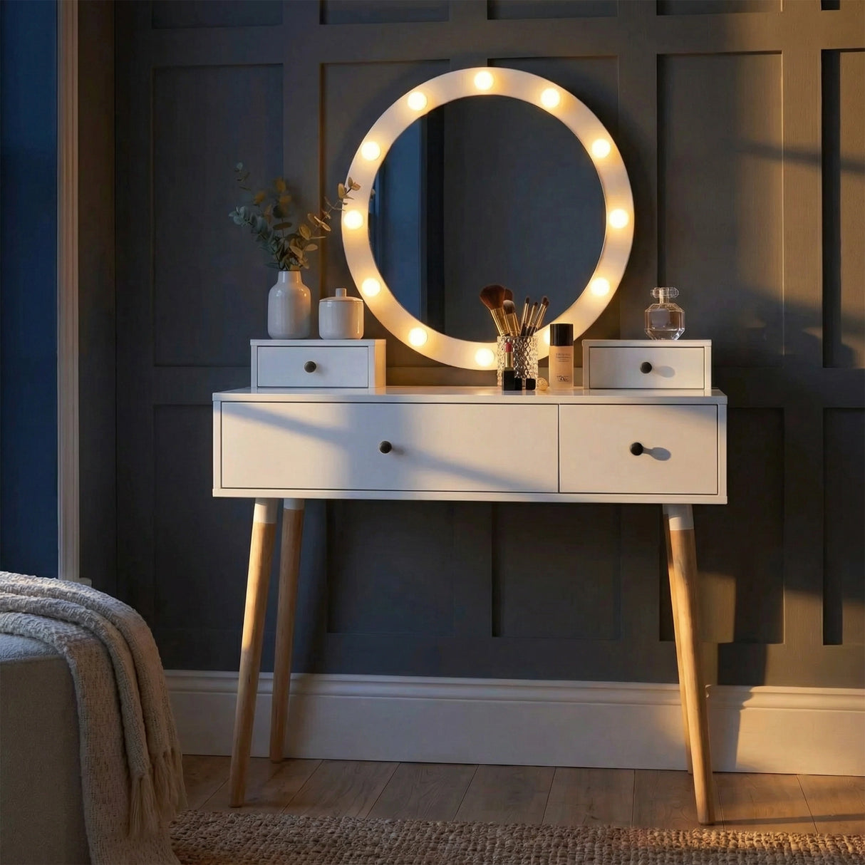 [White] Dressing table front view with lit LED Hollywood mirror against a dark grey styled bedroom wall