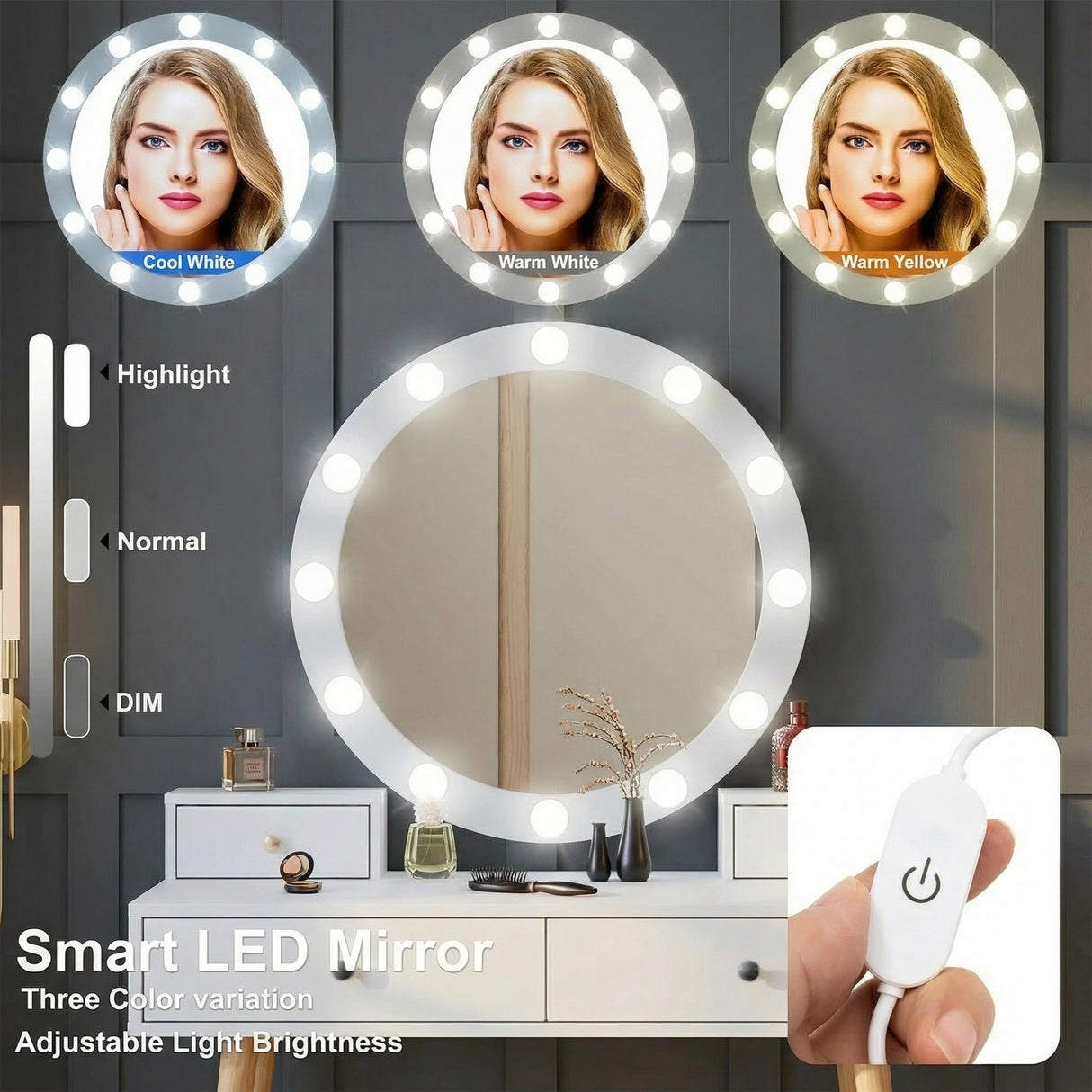 [White] Dressing table LED mirror showing highlight, normal and dim light mode settings with annotation overlay