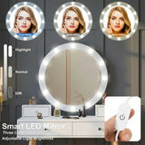 [White] Dressing table LED mirror showing highlight, normal and dim light mode settings with annotation overlay