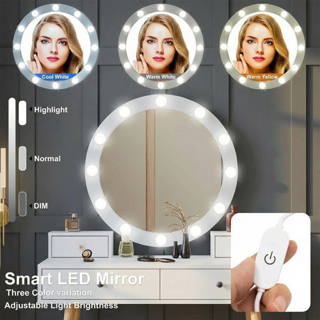 [White] Dressing table LED mirror showing highlight, normal and dim light mode settings with annotation overlay