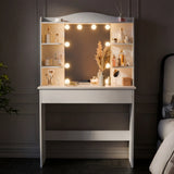 White vanity with mirror and lights in a bedroom setting