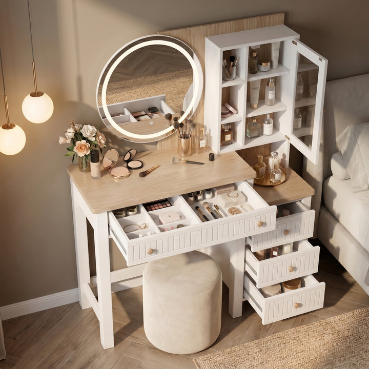 [White] Linra White Painted Dressing Table with LED Mirror and Storage high-angle look with multiple drawers opened.