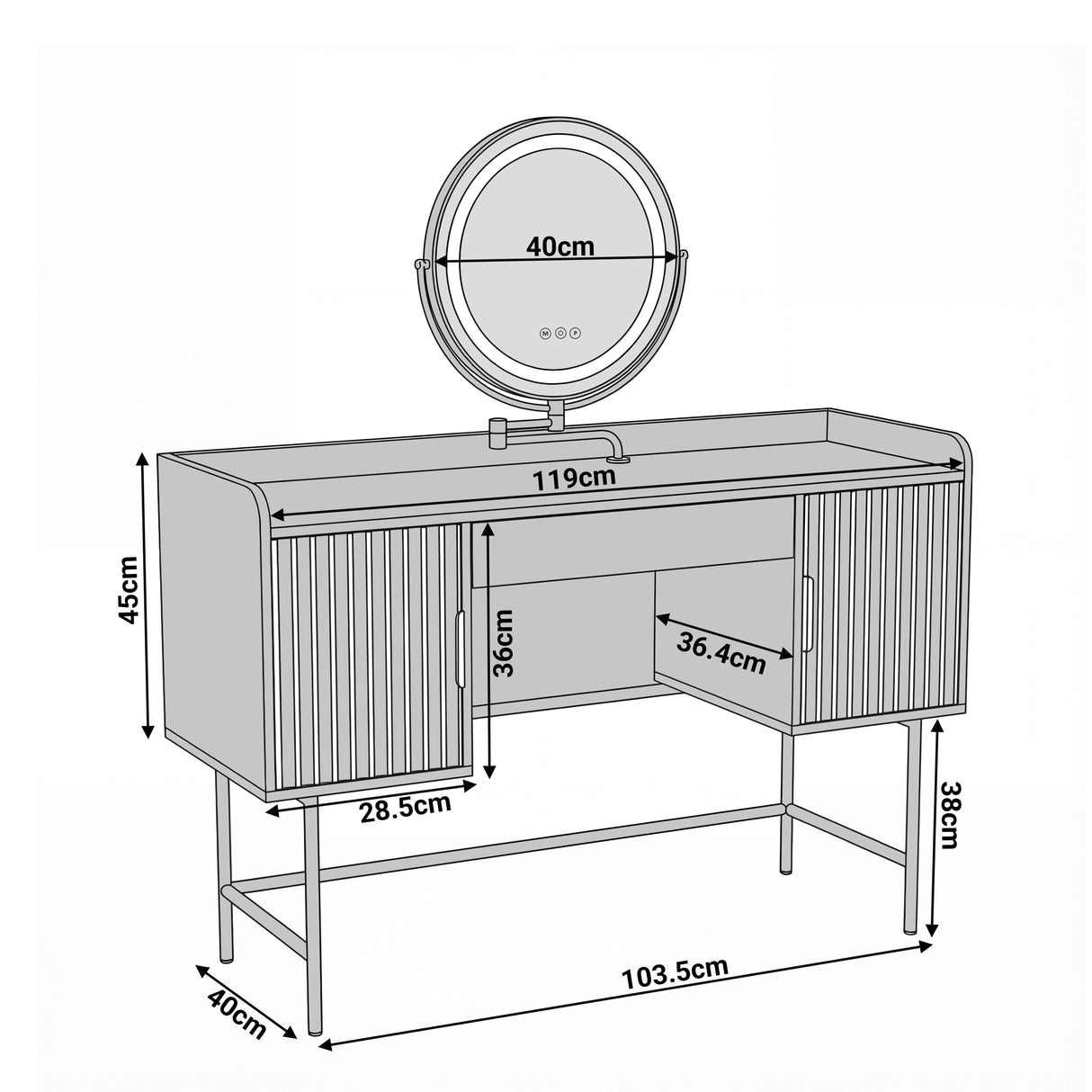 Dimensions diagram of a white dressing table with a width of 119cm, depth of 40cm, and height of 83cm