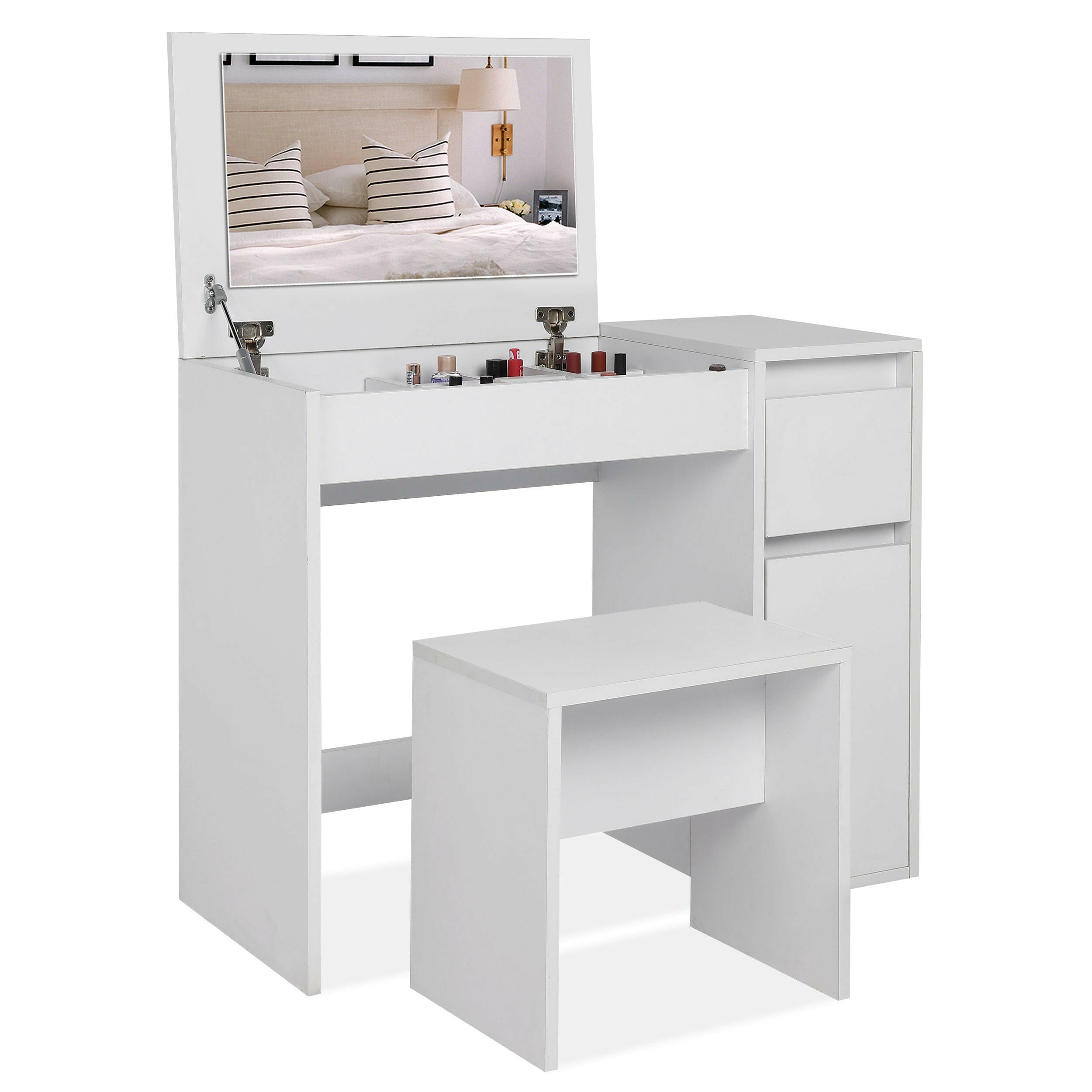 White dressing table stool with storage, featuring a lift-up mirror, compartments.