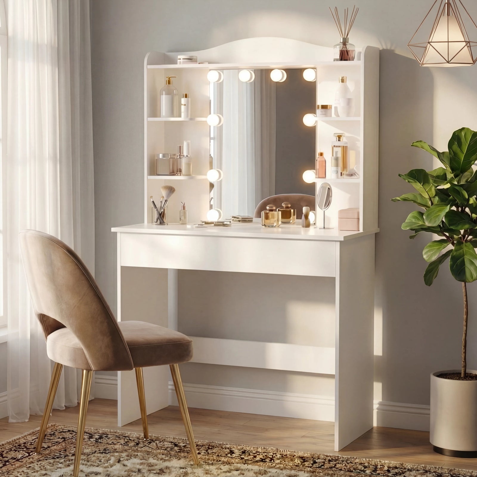 [White] vanity desk with mirror and lights in a bright room with a plant and chair.