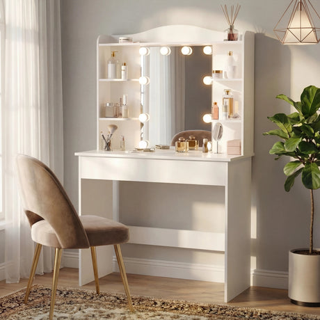 White vanity desk with mirror and lights in a bright room with a plant and chair.