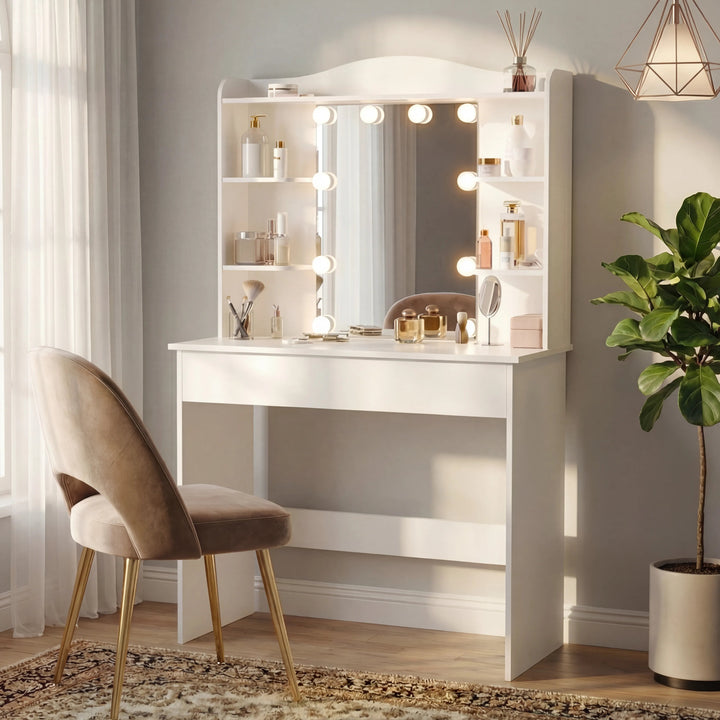 [White] vanity desk with mirror and lights in a bright room with a plant and chair.