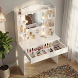 Makeup vanity with lights, mirror, and various cosmetic products in a well-lit room with neutral decor.