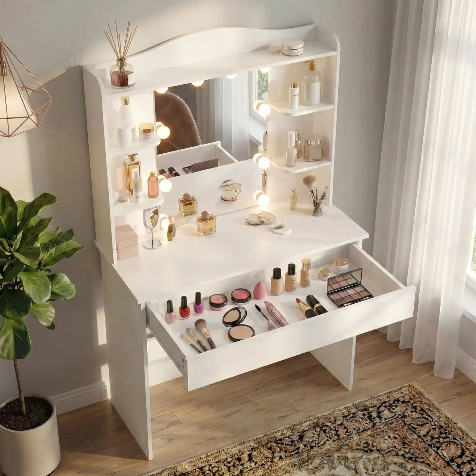 [White]  Makeup vanity with lights, mirror, and various cosmetic products in a well-lit room with neutral decor.