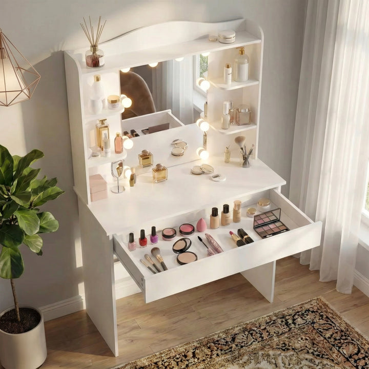 [White]  Makeup vanity with lights, mirror, and various cosmetic products in a well-lit room with neutral decor.