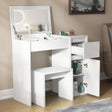 White vanity table with mirror and open cabinet in a bedroom setting