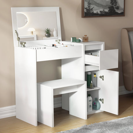 White vanity table with mirror and open cabinet in a bedroom setting