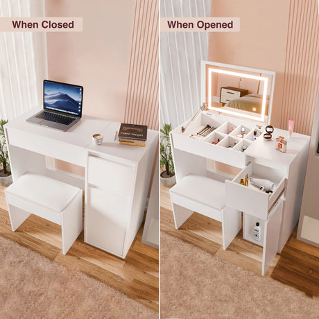 White desk with laptop and book, and expanded into a vanity setup with mirror and drawers.