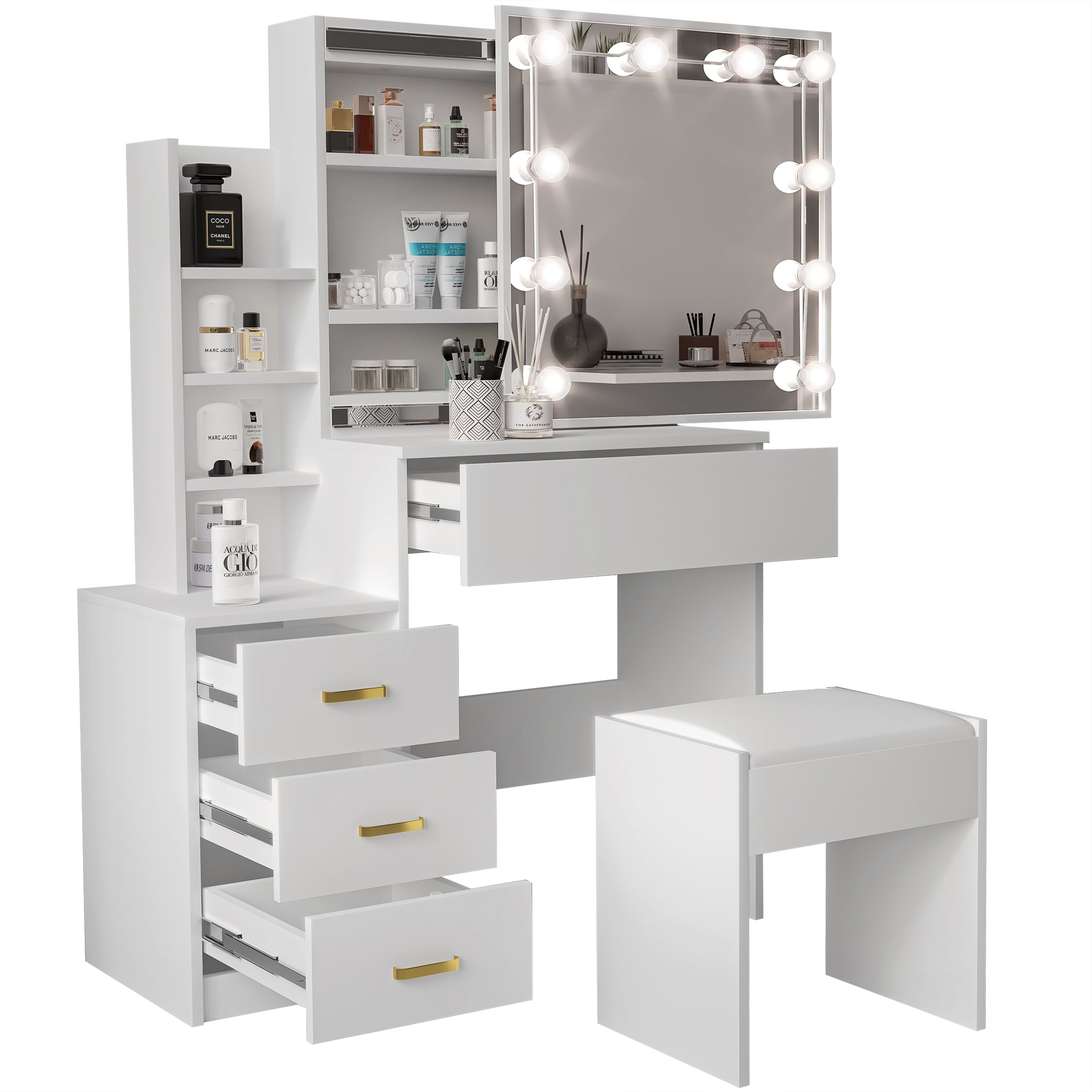 White dressing table drawers and LED mirror, ideal for organized modern bedrooms.