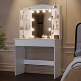 White vanity desk with mirror and lights in a room setting 