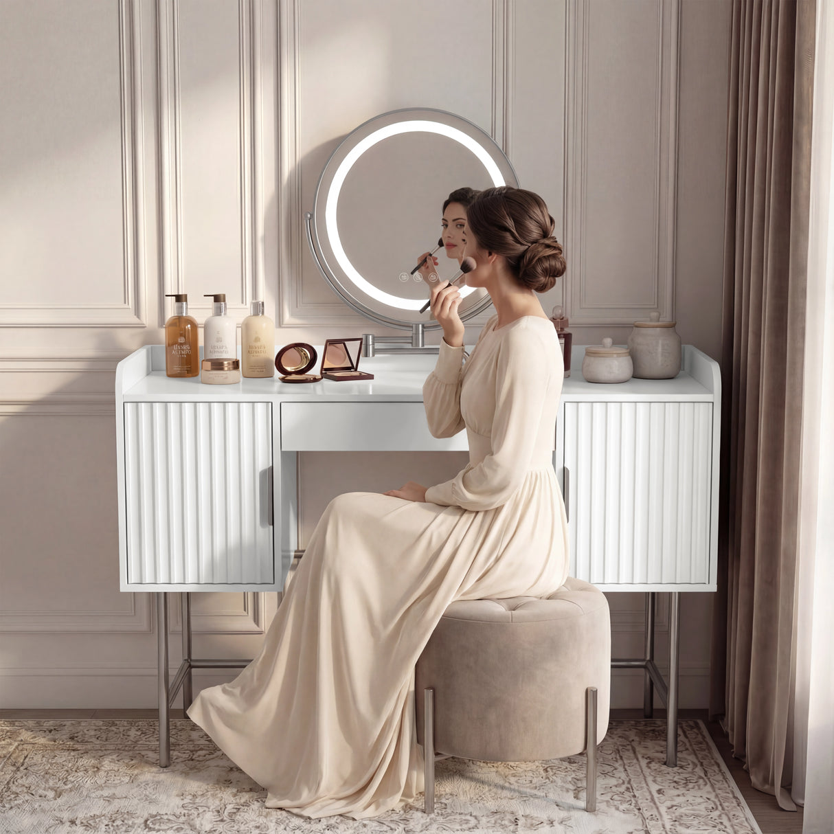 Elegant white dressing table with a round LED mirror, flutrina drawer design, and a girl getting her makeup done for the day