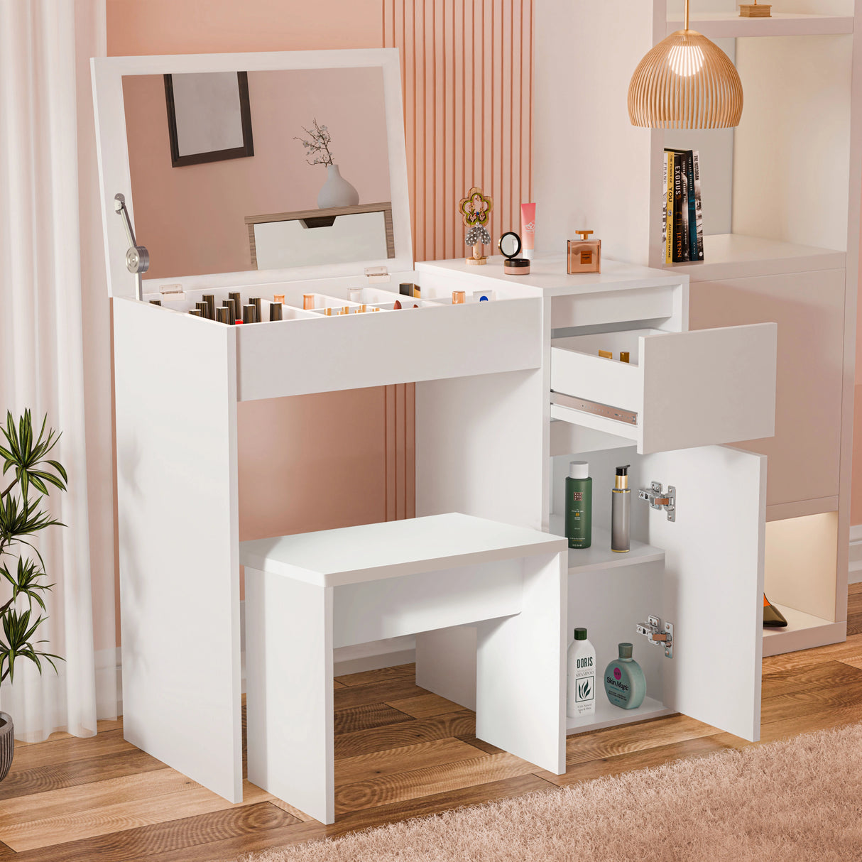 White dressing table with mirror and storage, featuring drawers, shelves, and matching stool. Ideal makeup vanity desk for girls by DHS.