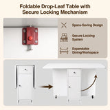 [White] Drop leaf dining table guide showing the red secure locking catch & steps from folded to fully open using side leaves