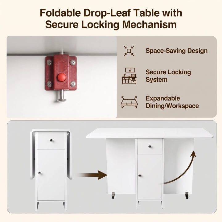 [White] Drop leaf dining table guide showing the red secure locking catch & steps from folded to fully open using side leaves