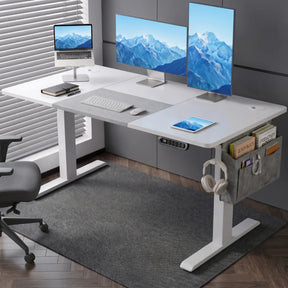[140cm x 60cm] Electric Standing Desk Height Adjustable White Office Desk configured with an advanced multi-display setup including a laptop, horizontal monitor, and vertical monitor screen
