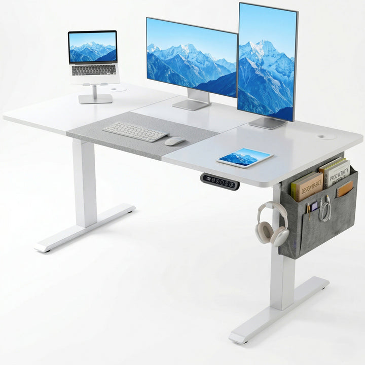 [140cm x 60cm] Electric Standing Desk Height Adjustable White Office Desk configured with an advanced multi-display setup including a laptop, horizontal monitor, and vertical monitor screen