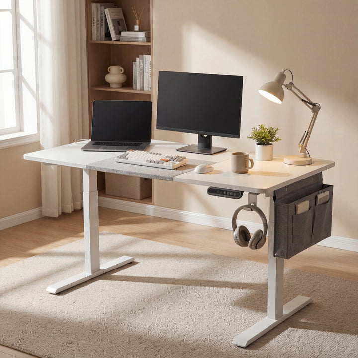 [110cm x 60cm] 110x60cm white electric standing desk against beige wall with monitor, laptop, plant, lamp and pocket