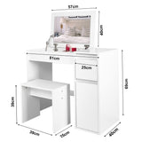 White flip-up mirror dressing table with product dimensions for a perfect fit and stylish design.