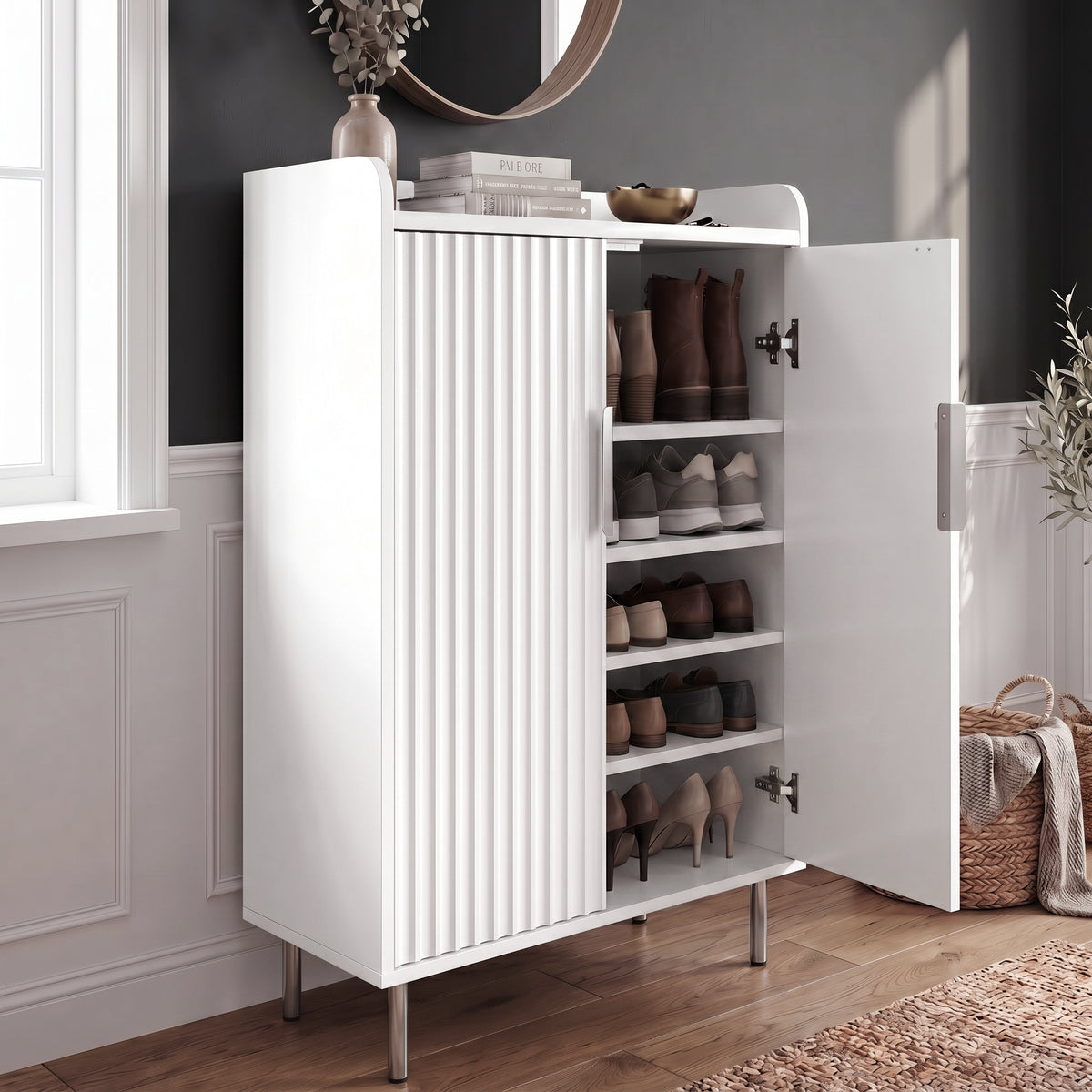 Fluted Painted 5 Tier Shoe Storage Cabinet Hallway