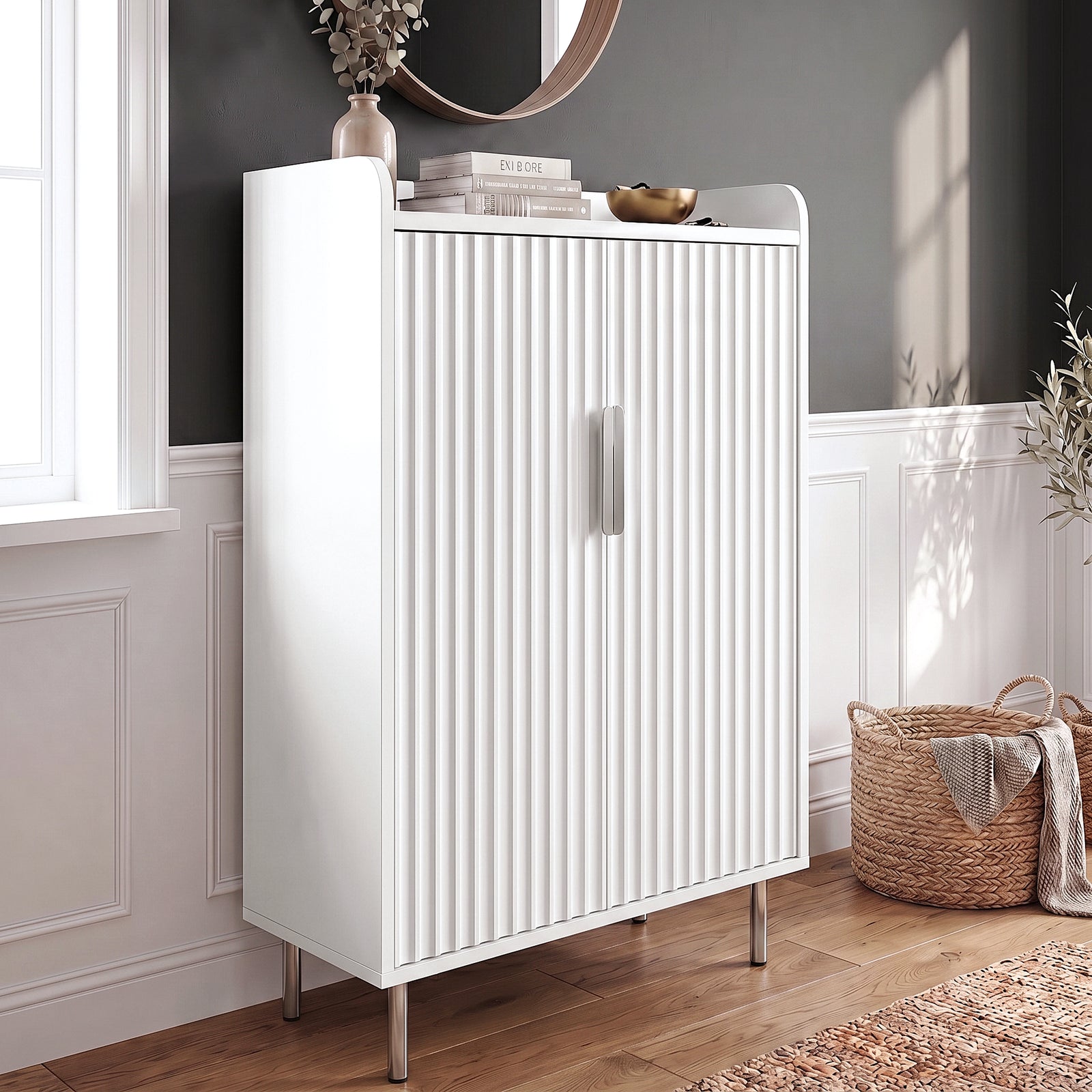 [White] Fluted White Painted 5 Tier Shoe Storage cabinet in styled hallway setting with wicker basket and decorative items on top tray