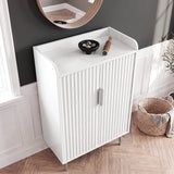 [White] Fluted White Painted 5 Tier Shoe Storage cabinet overhead angle highlighting the raised-edge display tray top with decorative objects