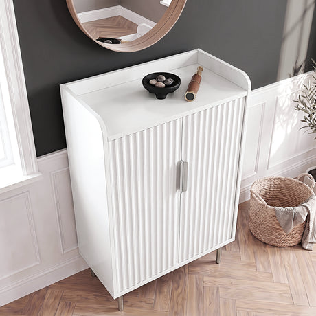 [White] Fluted White Painted 5 Tier Shoe Storage cabinet overhead angle highlighting the raised-edge display tray top with decorative objects