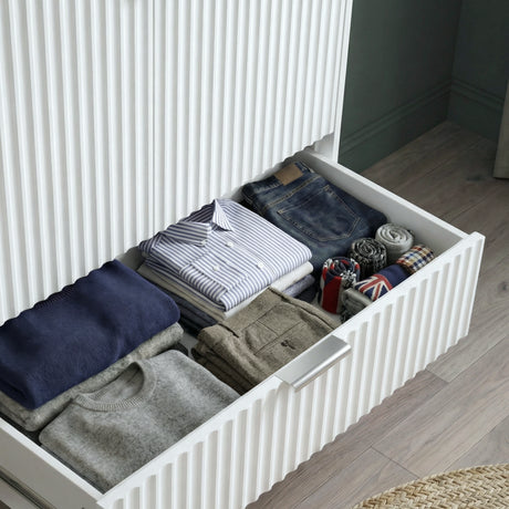 [White] Flutrina 2 door wardrobe with open drawer and silevr handle 