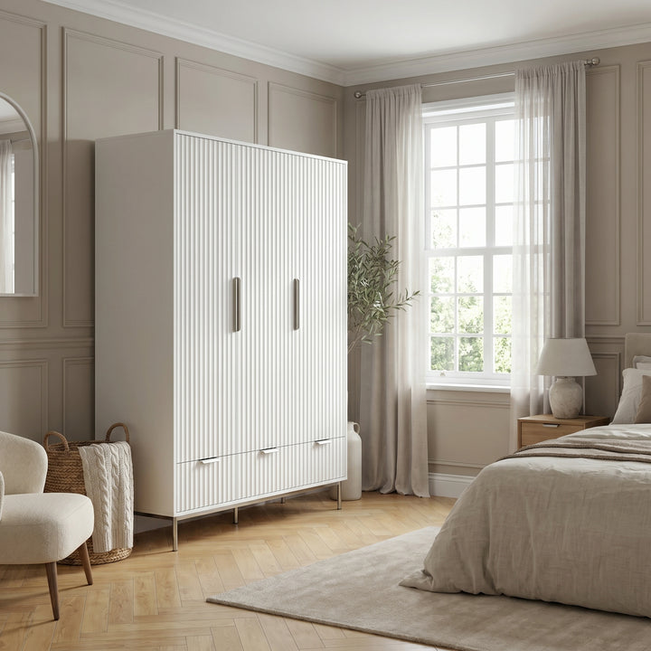 [White] Neatly arranged bedroom with a large white wardrobe, bed, and window