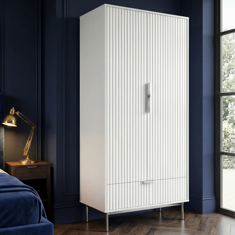 [White] Flutrina double wardrobe with drawers shown from angled view