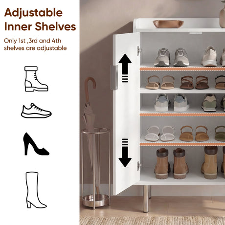 [White | 60cm] Flutrina shoe cabinet door open showing adjustable inner shelves with shoes and an umbrella stand beside 