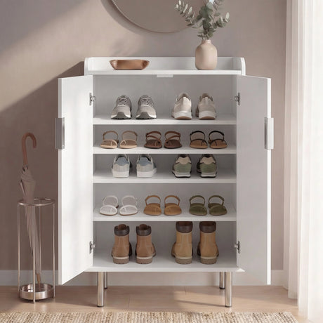[White | 60cm] Flutrina shoe cabinet with both doors open showing five shelves of sandals, trainers, heels, and boots