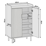 [White] Flutrina shoe cabinet dimension drawing showing W60 x D28 x H90cm with five internal shelves at 15cm gaps 