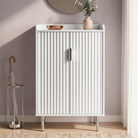 [White | 60cm] Flutrina shoe cabinet front view with doors closed in a mauve hallway, umbrella stand on the left side