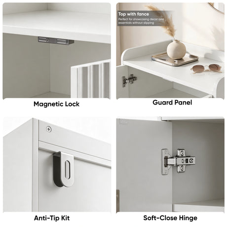 [White | 60cm] Flutrina detail showing magnetic lock, raised guard panel with tray, anti-tip bracket, and soft-close hinge