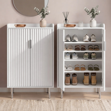 [White | 60cm] Two Flutrina shoe cabinets together beneath a round mirror, one closed with fluted doors, one open