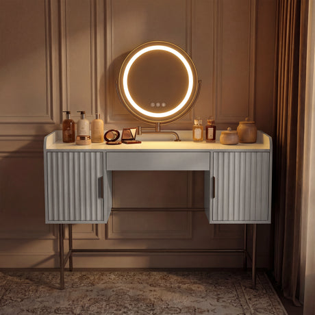  White vanity table with flutrina detailing and an LED round mirror, beautifully designed to enhance the room's ambiance