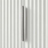 White flutrina wardrobe with two door vertical handle, close up of brushed silver metal finish
