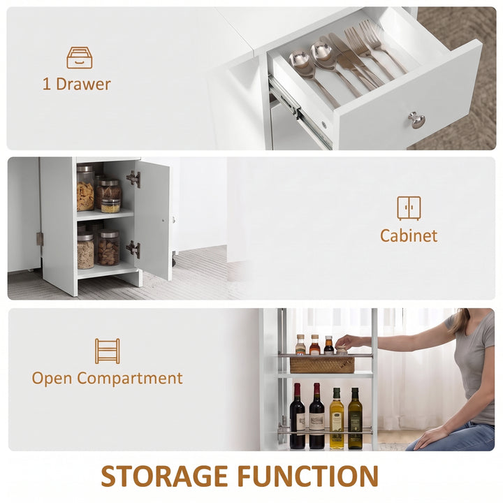 [White] Folding dining table with storage guide showing a cutlery drawer, two-shelf cabinet & two open side shelves with rods