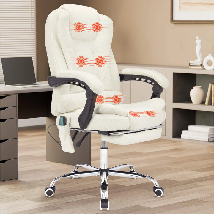 [White Fur Fabric] styled in a clean office setup, this white fur massage desk chair adds softness and ergonomic comfort to your space