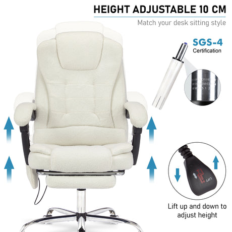 shown mid-adjustment, this white fur vibrating desk chair includes graphics of the lift piston and seat height knob
