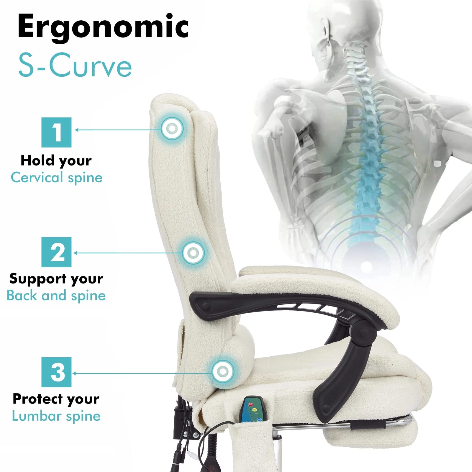 [White Fur Fabric] with its S-curve lumbar support, this ergonomic desk chair in white fur fabric promotes good posture and back relief