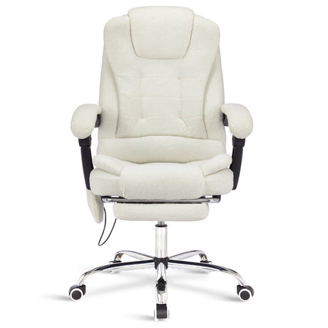 White fur fabric massage chair with 8-point massage function for ultimate comfort.