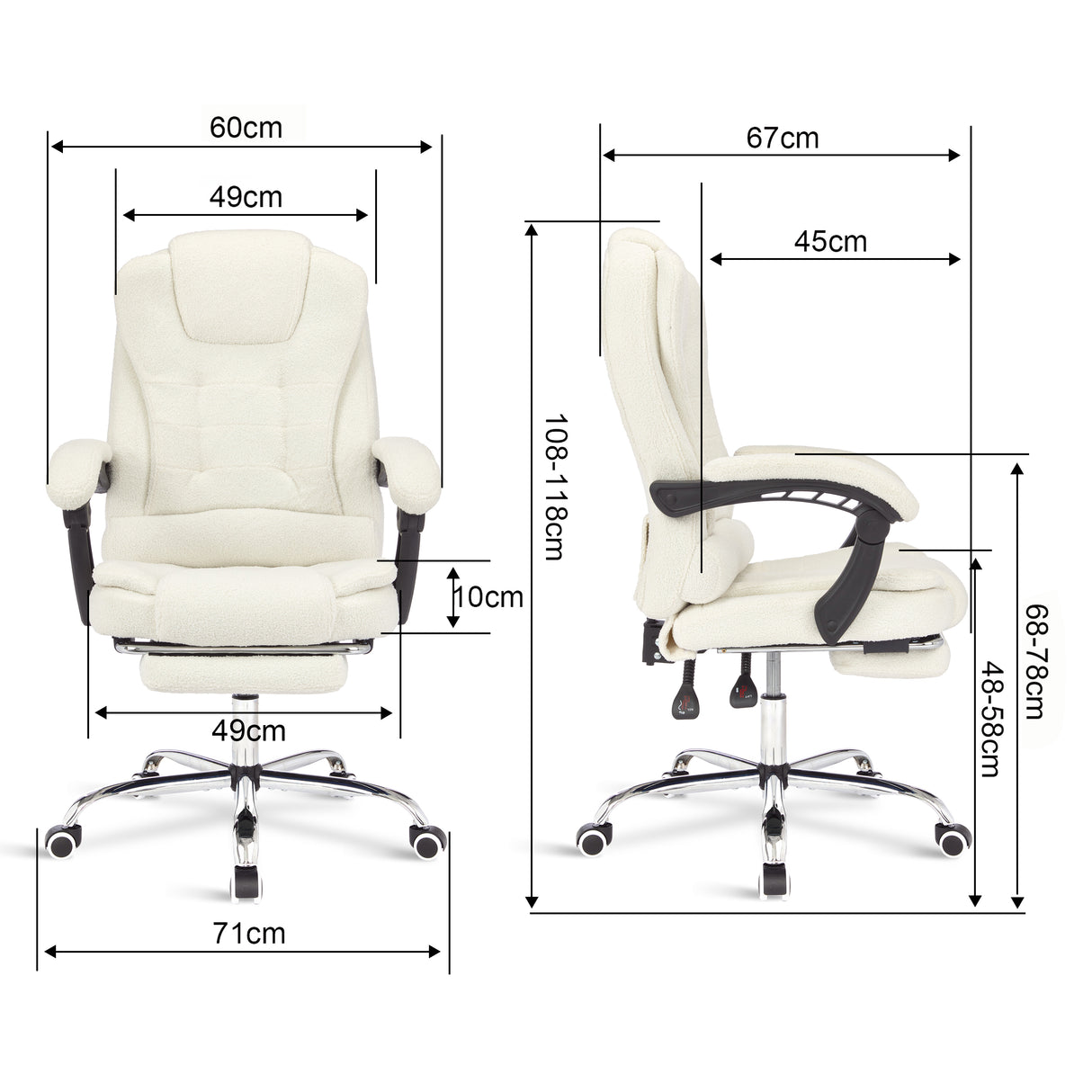 White fur fabric office massage chair with ergonomic design and product dimensions for comfort.